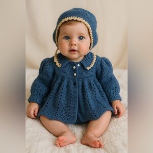 Vintage Hand-Crocheted Baby Sweater & Bonnet Set Blue Cream Trim Handmade